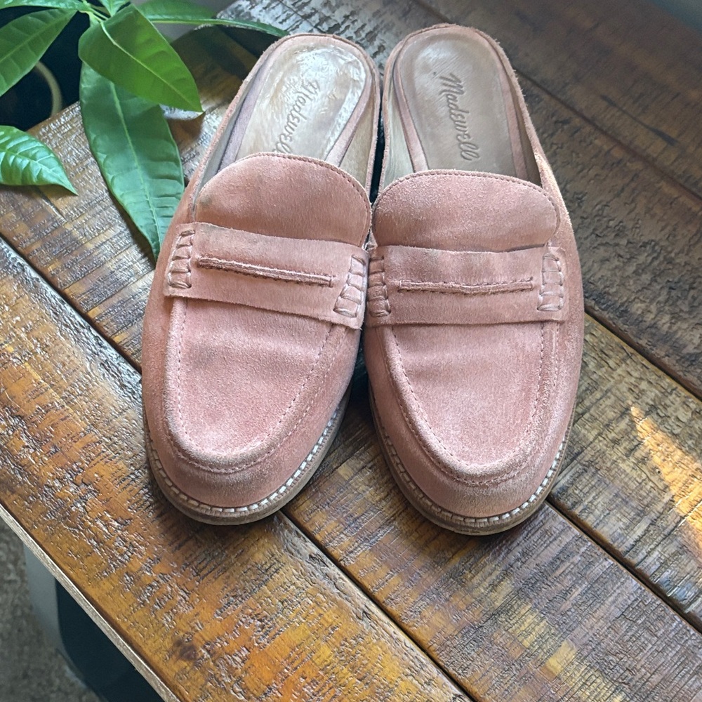 Madewell women’s Suede Slip-On Penny Loafers in Blush Pink
